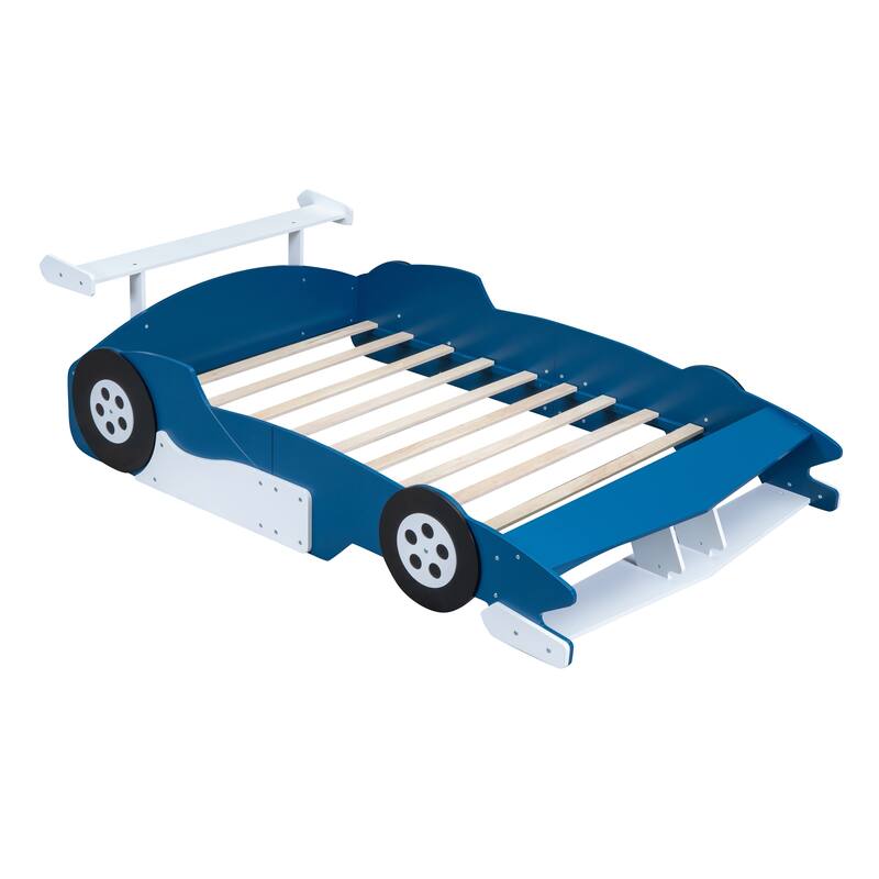 Full Size Race Car-Shaped Platform Bed with Wheels in Blue