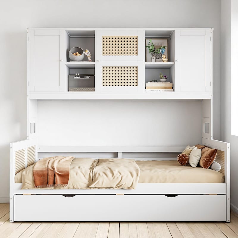 Wooden Twin/Full Daybed with Trundle Bed, Storage Shelves and Cabinet, No Box Spring Required, Rattan Design - White - Twin