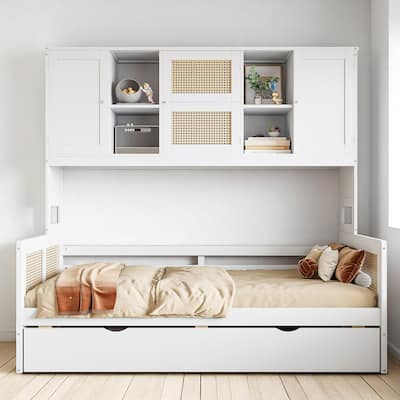 Wooden Twin/Full Daybed with Trundle Bed, Storage Shelves and Cabinet, No Box Spring Required, Rattan Design