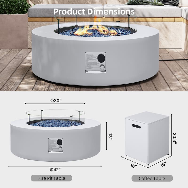 Patio Watcher Outdoor 42in. Iron Fire Pit Table with Propane Tank Cover and Glass Wind Guard