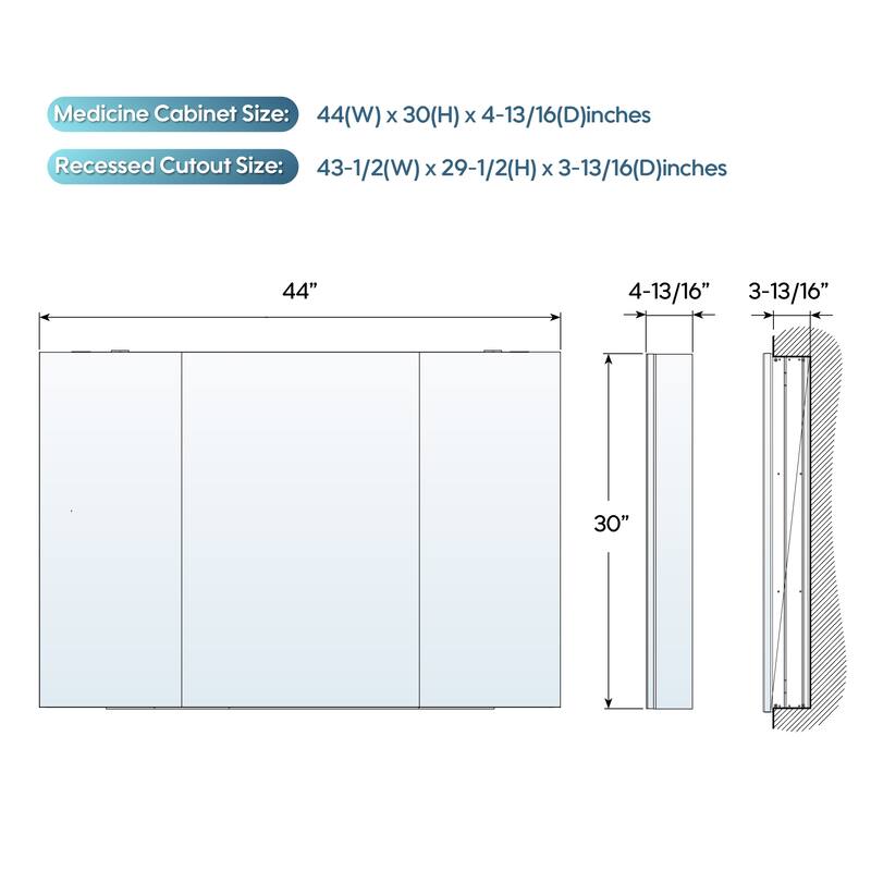 44"W X 30'H Bathroom Recessed or Surface Wall Mount Medicine Cabinet With Adjustable Glass Shelves