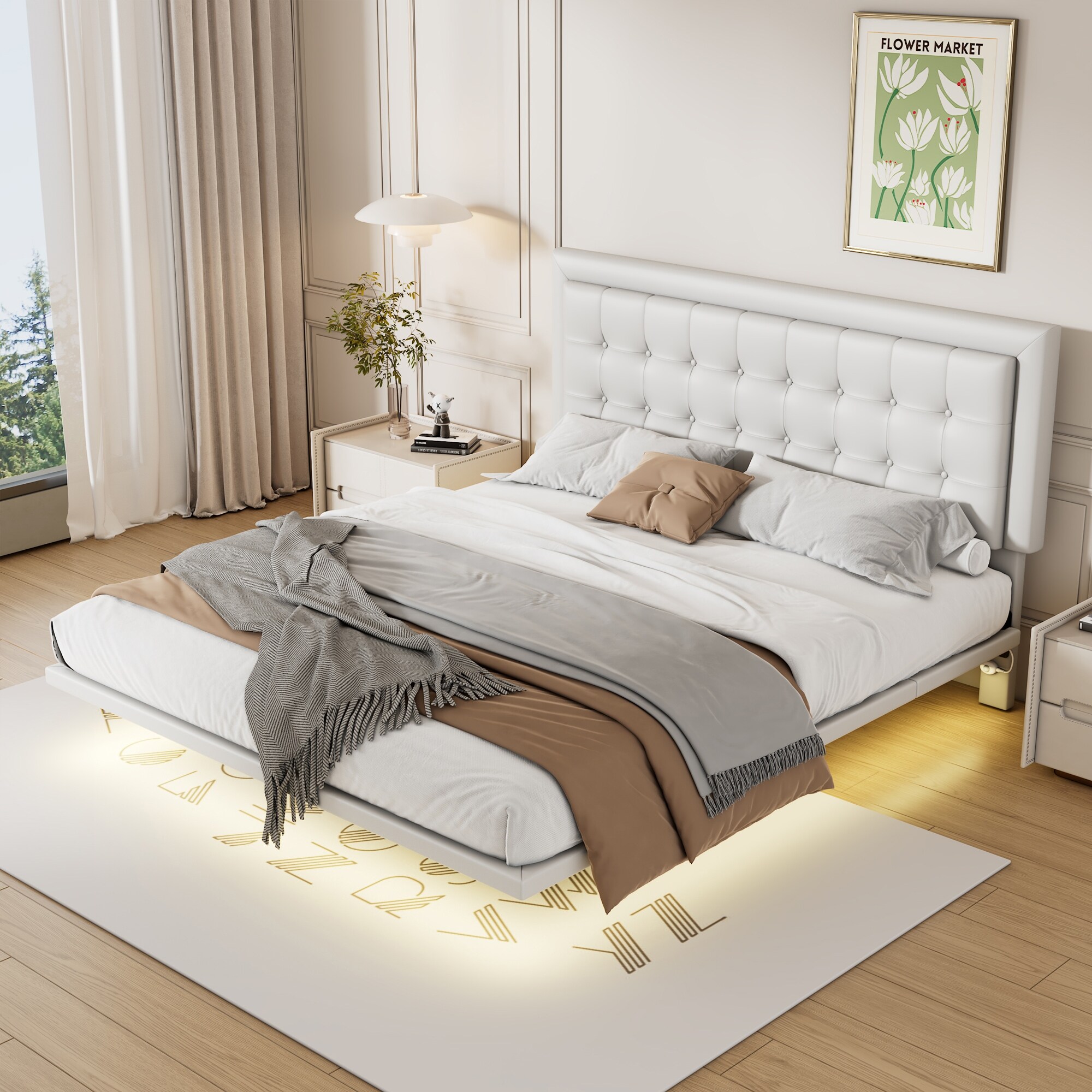 Queen PU Floating Bed Frame with Motion Activated Night Lights Bed