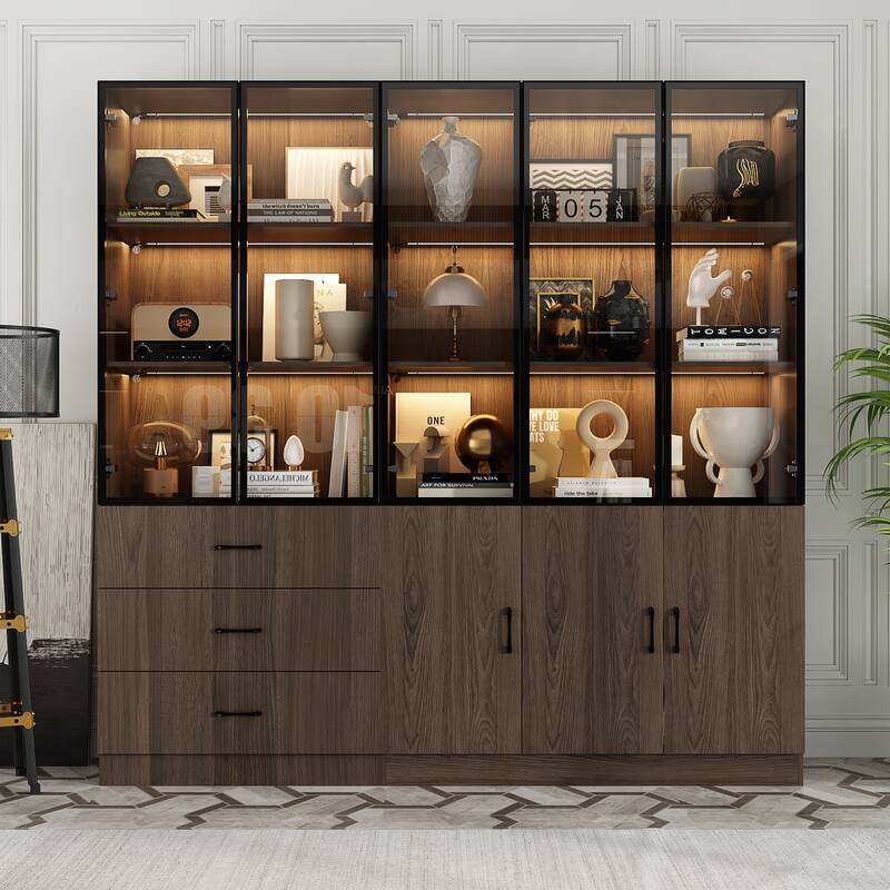 LED-Lit Wood Grain Cabinet - Configurable Storage for Home or Office