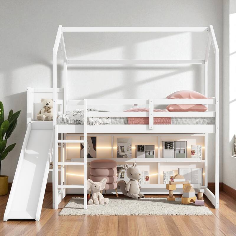 Twin Size Wood House Loft Bed with Slide, Storage Shelves, Light and Climbing Ramp, Full Guardrails - White - Twin