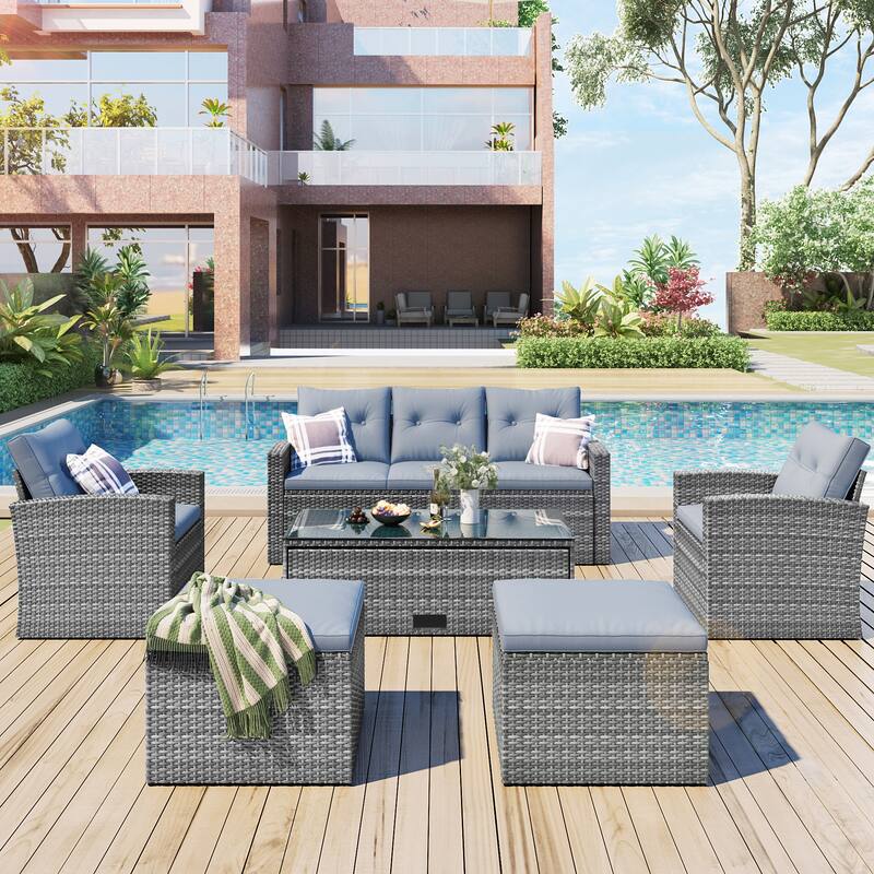 6-piece All-Weather Wicker PE rattan Patio Outdoor Dining Conversation Sectional Set with coffee table
