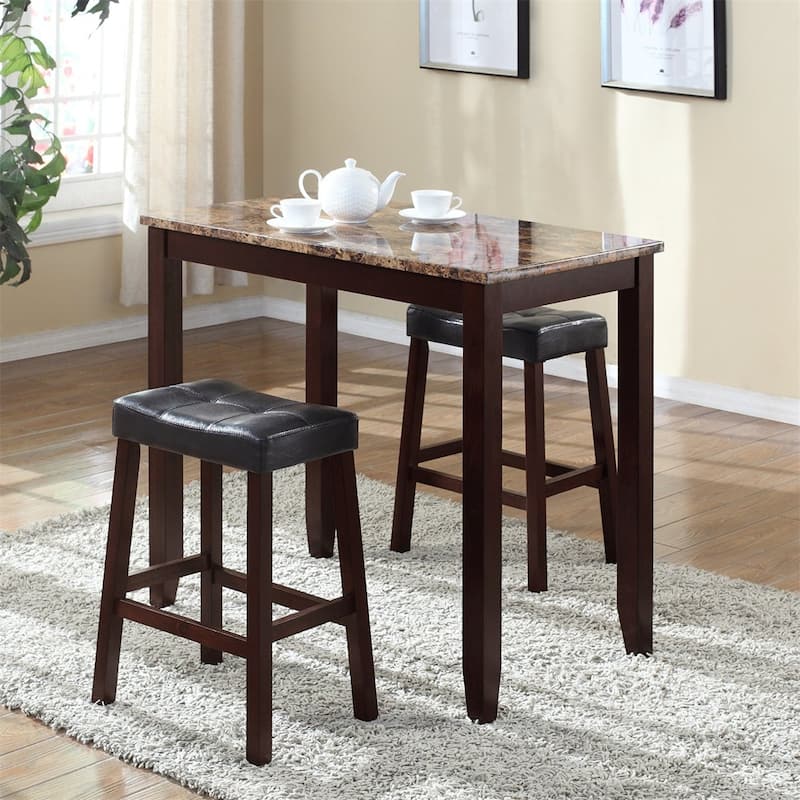 3-Piece Counter Height Glossy Print Marble Breakfast Table with Stools