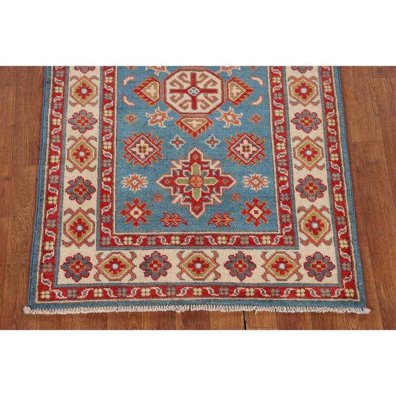 Light Blue Kazak Accent Rug Handmade Wool Carpet - 2'9" x 4'1"