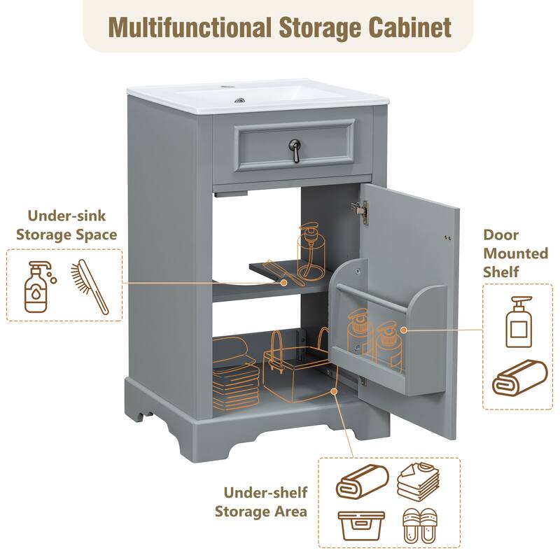 20-Inch Bathroom Vanity with Ceramic Sink, Soft Close Door, Adjustable Shelf, and Door-Mounted Storage Rack