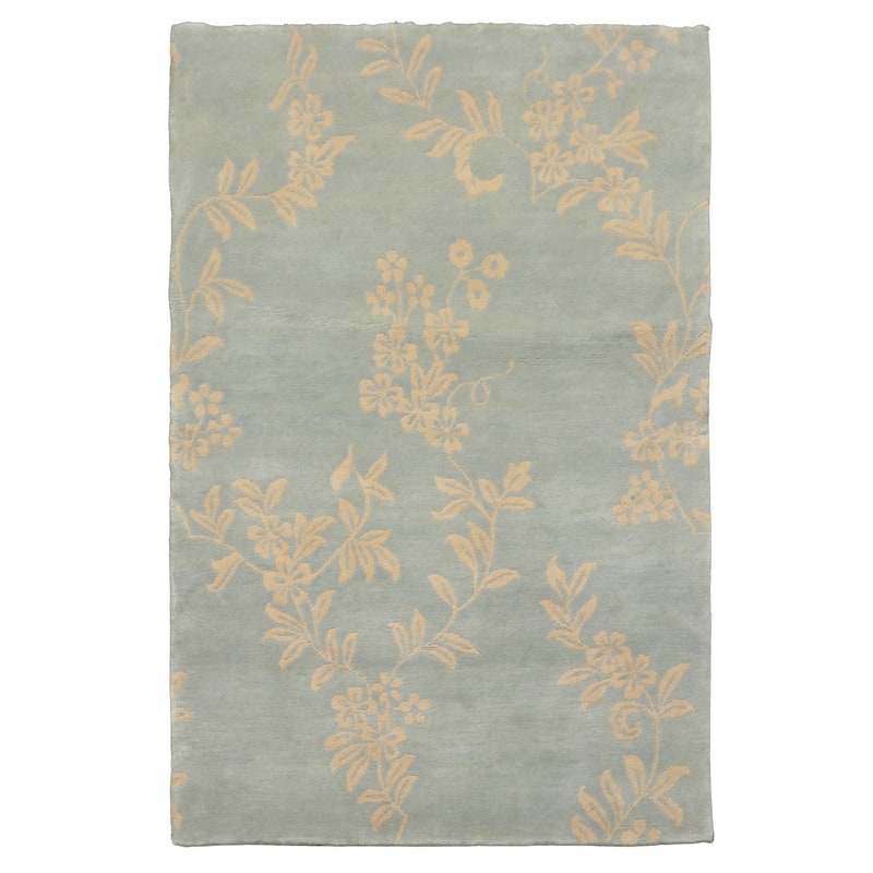 Tibetan Transitional Floral Swiss Wash 4x6 Hand Knotted Wool Aqua Rug - 4' x 6' - 4'  x 6'