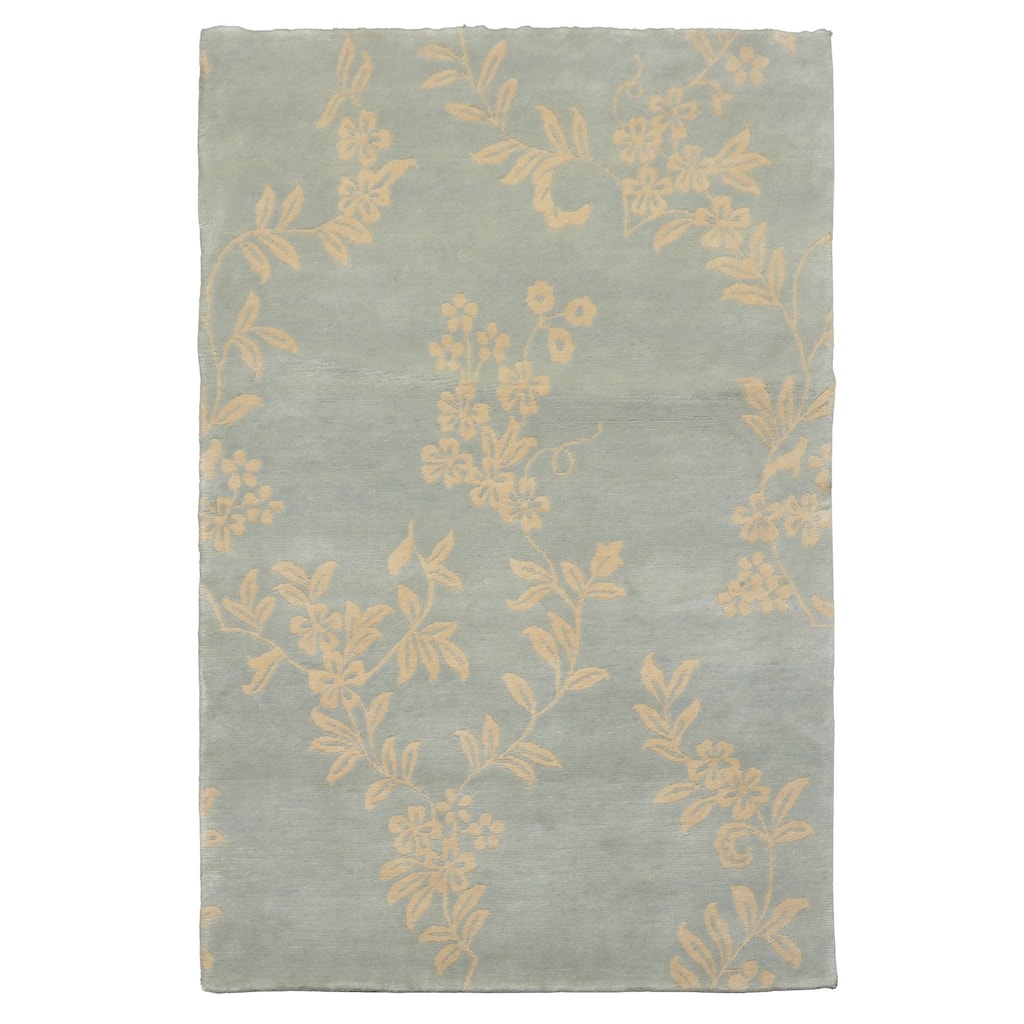 Tibetan Transitional Floral Swiss Wash 4x6 Hand Knotted Wool Aqua Rug - 4' x 6'