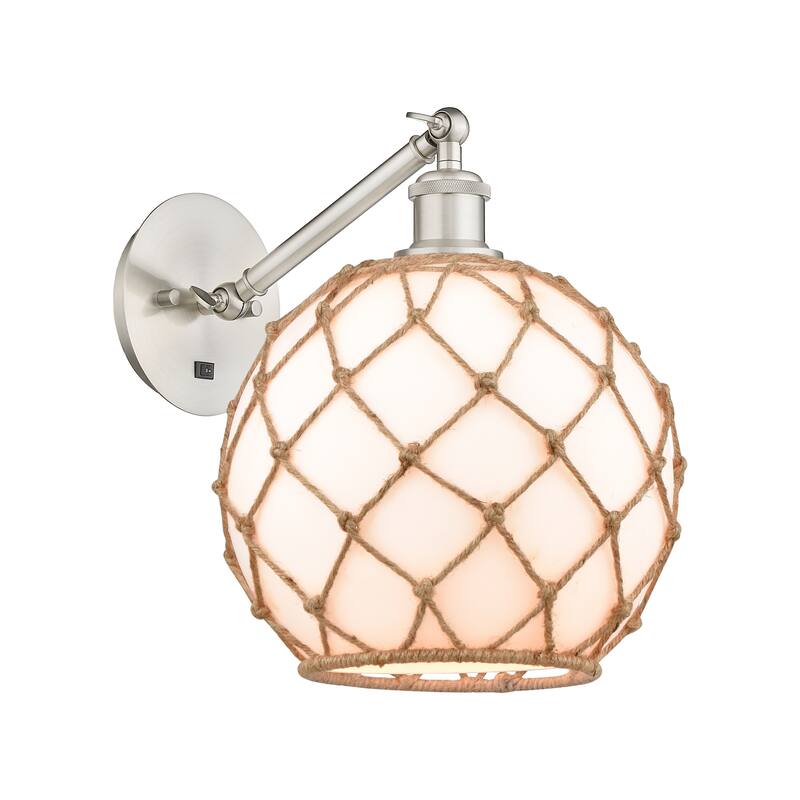 Innovations Lighting Endless Possibilities Ballston - Farmhouse Rope - 1 Light 10" Adjustable Sconce - Arm Adjusts Up and Down - White Glass with Brown Rope/Brushed Satin Nickel