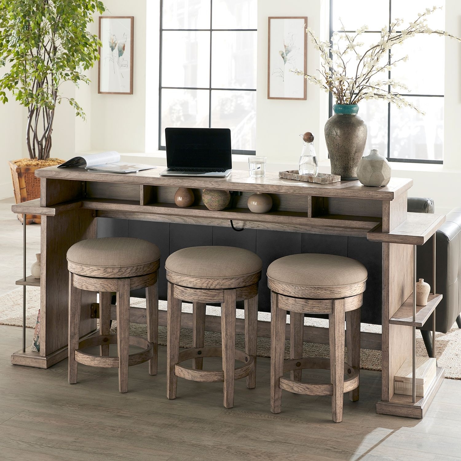 City Scape Burnished Beige 4 Piece Console Table Set - Console Bar Table, 3 Stools