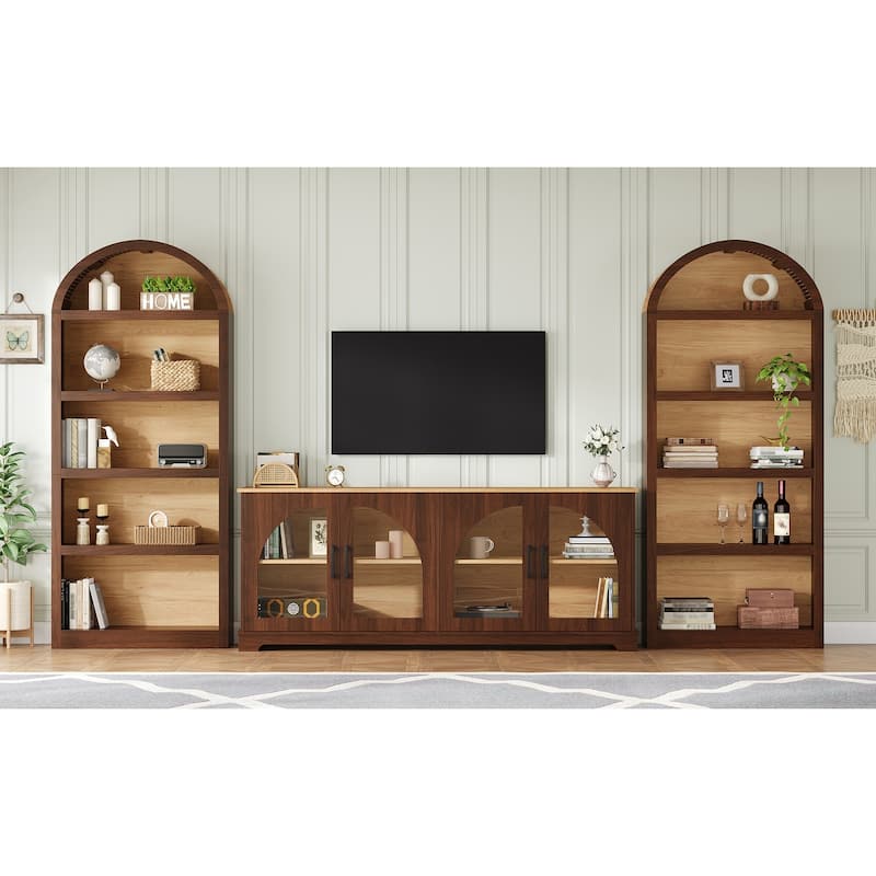 3-Piece Entertainment Center with Bookshelves for TVs up to 70", Retro Wall Unit TV Stand with Glass Doors, Media Console Table