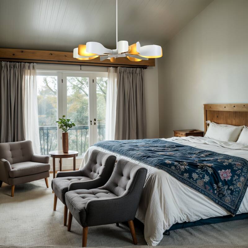 Modern White Gold 6-Light Chandelier with Flower-Design Shade for Kitchen Dining Room - 31.4 " × 3.7 "