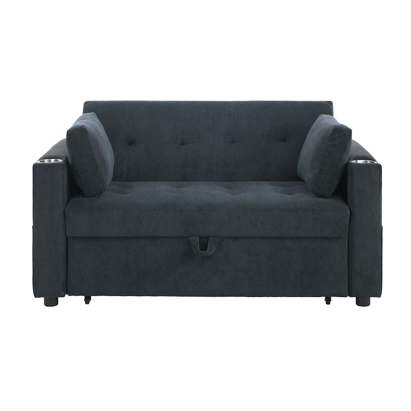 3 in 1 Convertible Pull Out Couch, Tufting Loveseat with Cupholders and USB Ports, 2 Seater Sofa with Pillows and Storage Bag