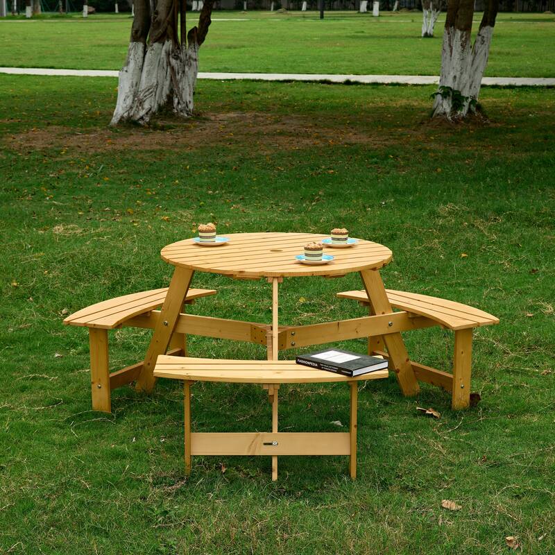 Outdoor 6 Person Round Picnic Table with 3 Built-in Benches, Umbrella Hole for Garden, Backyard, Porch - Natural