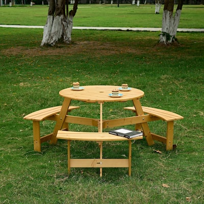 Outdoor 6 Person Round Picnic Table with 3 Built-in Benches, Umbrella Hole for Garden, Backyard, Porch