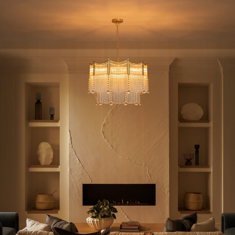 Gold Chandelier Clear Glass Rods & Hanging Crystal Balls Accents