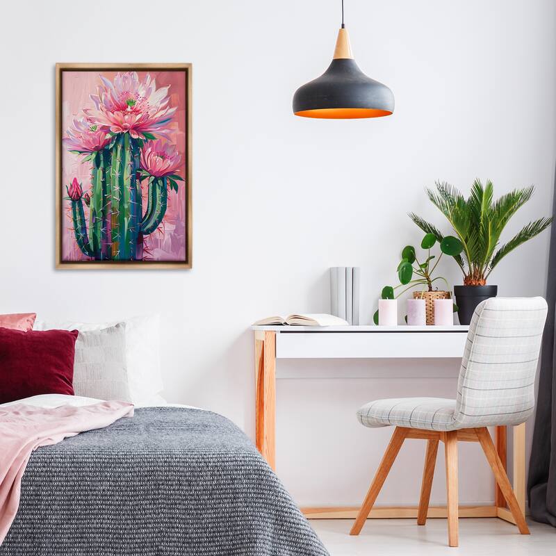 Stupell Pink Blossomed Cactus Framed Floater Canvas Wall Art Design By LSR Design Studio