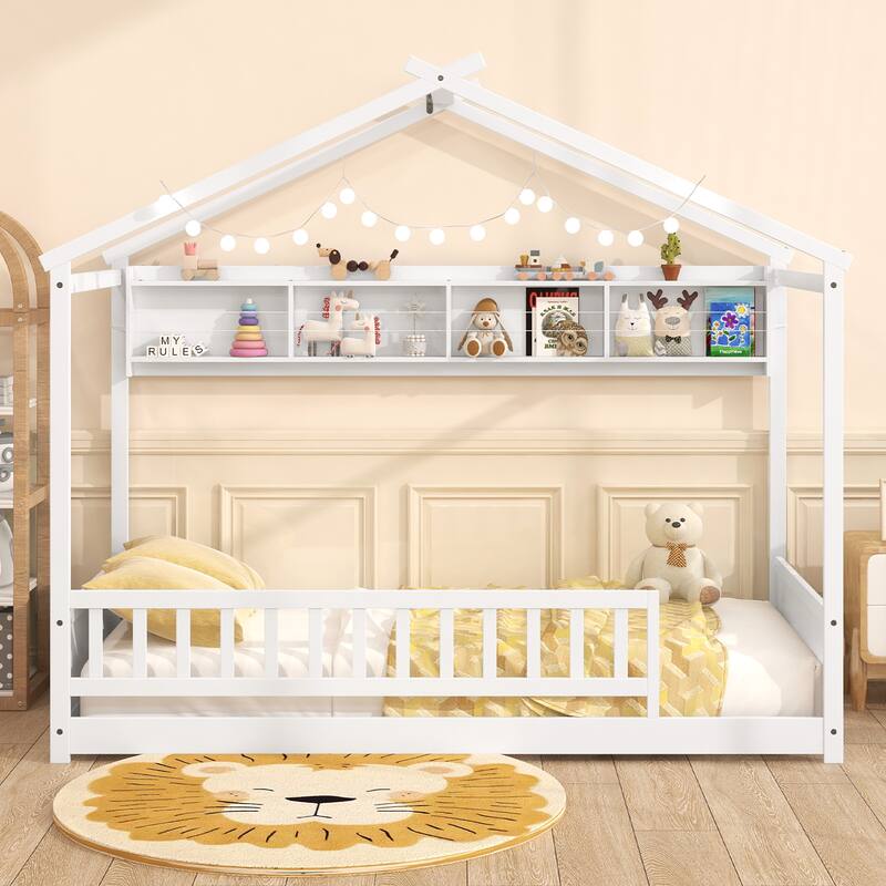 Gymax Twin Size House Bed w/Storage Shelf Headboard & Guardrail Wooden