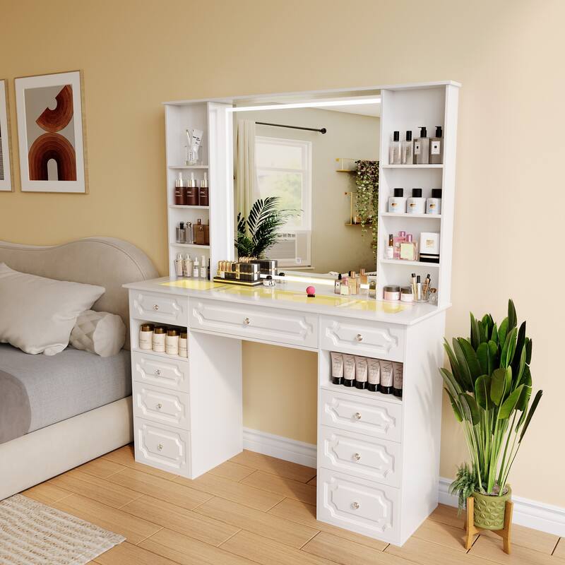 White/ Black Makeup Vanity with Lighted Mirror,Extra Large Vanity Desk with 9 Drawers,European Style Vanities
