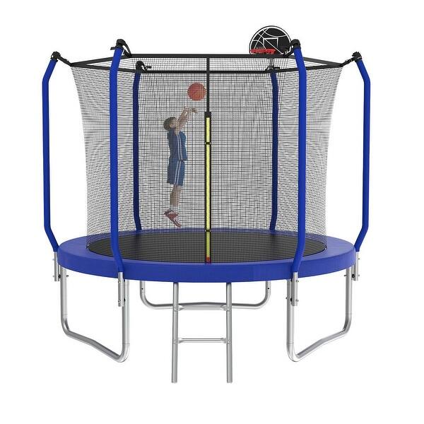 slide 2 of 8, 8FT Outdoor Trampoline with Basketball Hoop and Enclosure