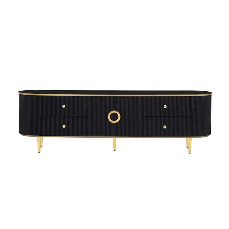 TV Console for Televisions up to 80'', Wood Console Table w/ Metal Legs & Handles, Entertainment Center w/ 4 Drawers & 1 Cabinet