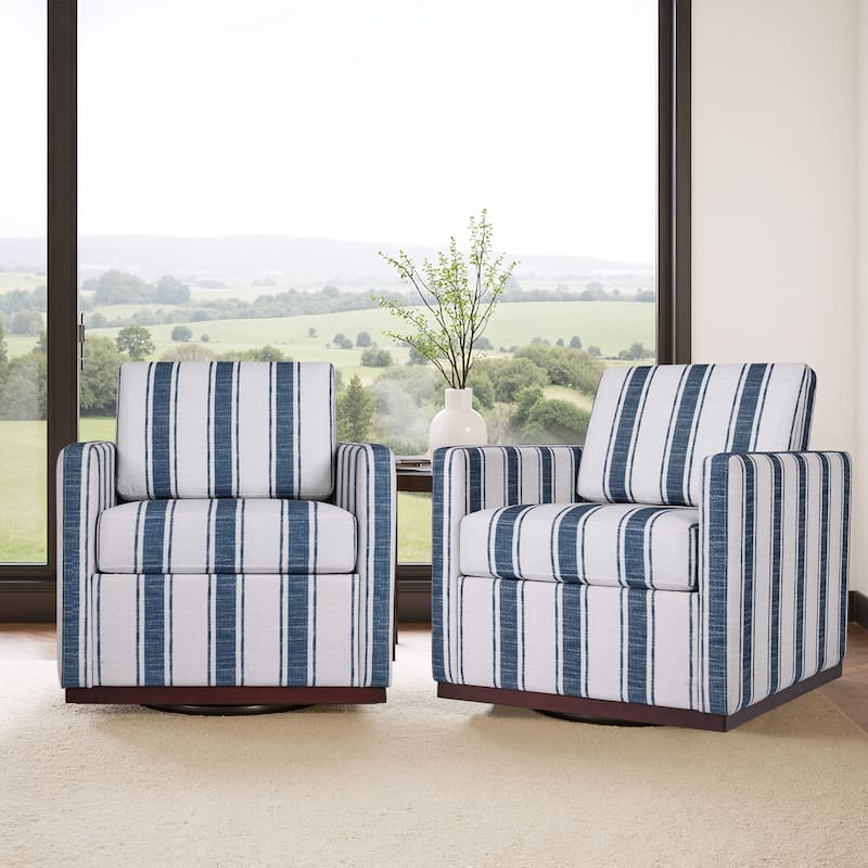 Set of 2 Modern Cozy Swivel Accent Chairs Upholstered Arm Chairs - Cottton - Stripe Dark Blue