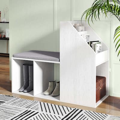 Wooden Shoe Storage Bench Entryway Bench w/Side Holder & Seat Cushion