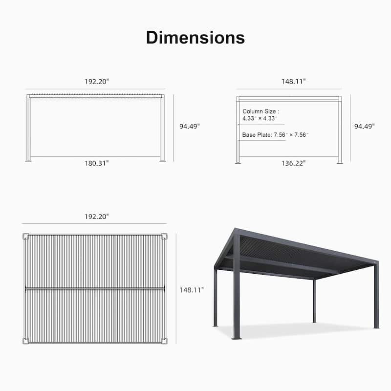 PURPLE LEAF Gray Louvered Pergola Outdoor Aluminum Pergola with Adjustable Roof for Patio Grey Hardtop Gazebo