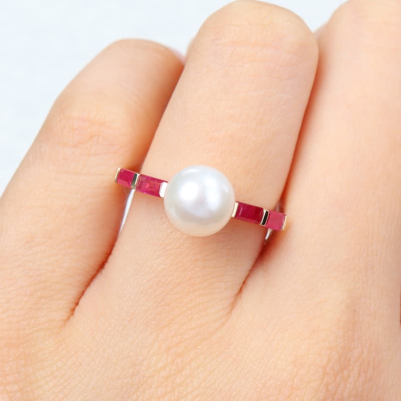 Miadora 8-8.5mm Cultured Freshwater Pearl 3/4ct TGW Baguette Ruby Ring 10k Yellow Gold