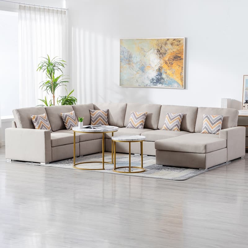 Linen Fabric 6 Piece Reversible Chaise Sectional Sofa with 6 Pillows and Interchangeable Legs