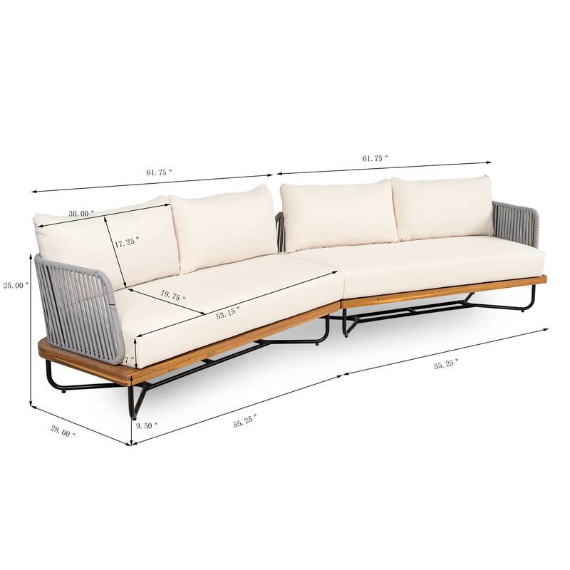 Roomfitters Outdoor Acacia Wood Rope Woven Sofa Sectional Set with Cushions, Beige