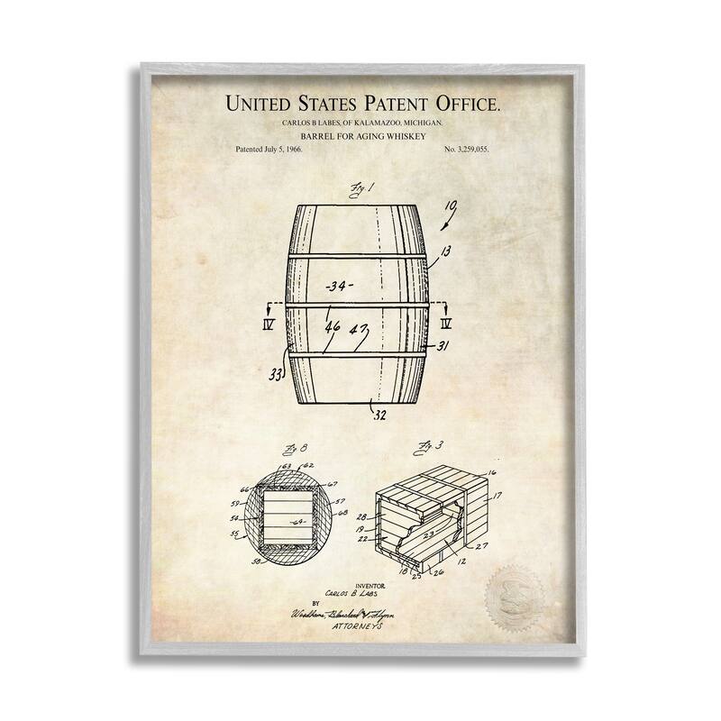 Stupell Whiskey Aging Barrel Liquor Diagram Patent Design Framed Wall Art - Beige