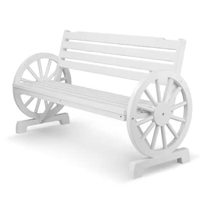 56 in. Outdoor Wooden Wagon Wheel Bench with Slatted Seat and Backrest
