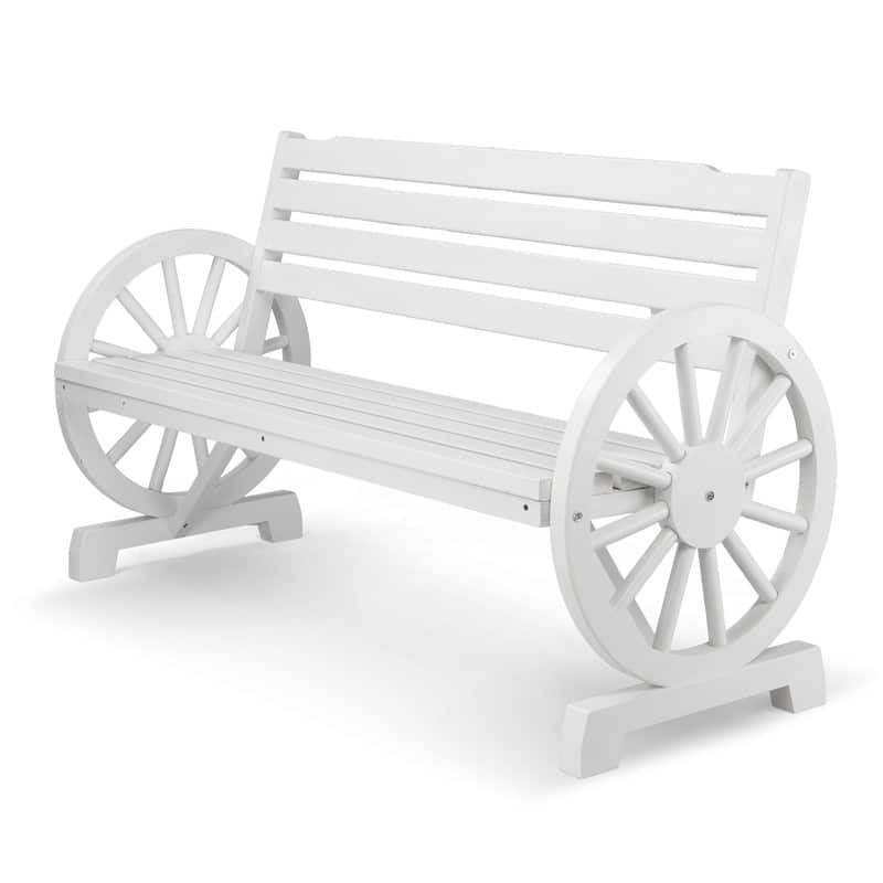 56 in. Outdoor Wooden Wagon Wheel Bench with Slatted Seat and Backrest