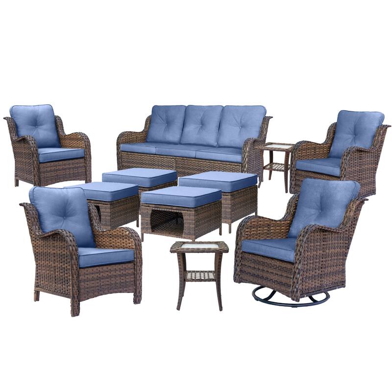 Rattan Wicker Outdoor Patio Furniture Sofa Set with Swivel Rocker Chairs