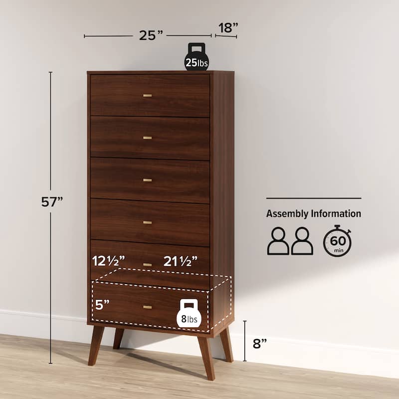 Prepac Milo Mid-Century Modern 6 Drawer Dresser, Tall Chest of Drawers, Retro Bedroom Furniture, Lingerie Dresser