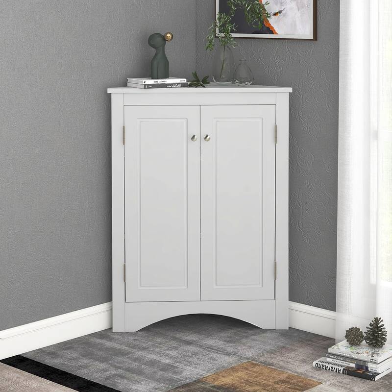 Triangle Bathroom Storage Cabinet with Adjustable Shelves, White Corner Cabinet Medicine Cabinet with 2 Doors - White