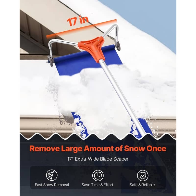 Extendable Roof Snow Rake 17-Inch Aluminum Blade with Smooth Wheels for Residential Snow Clearing