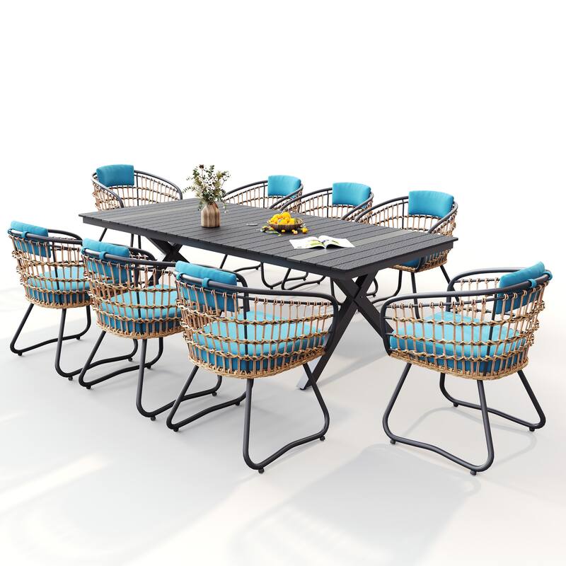 9PC Outdoor Patio Aluminum X-Frame Dining Set Table with Rattan Chairs Umbrella Hole - Table-Black&Chair-Blue