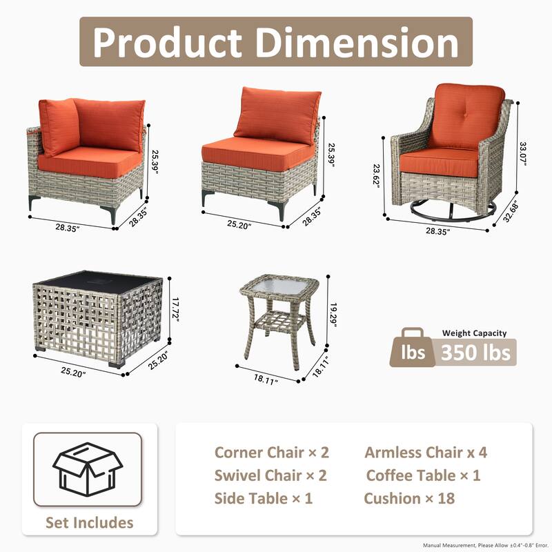 OVIOS 10 Pieces Outdoor Wicker Swivel Chair Set With Solar-Powered Coffee Table