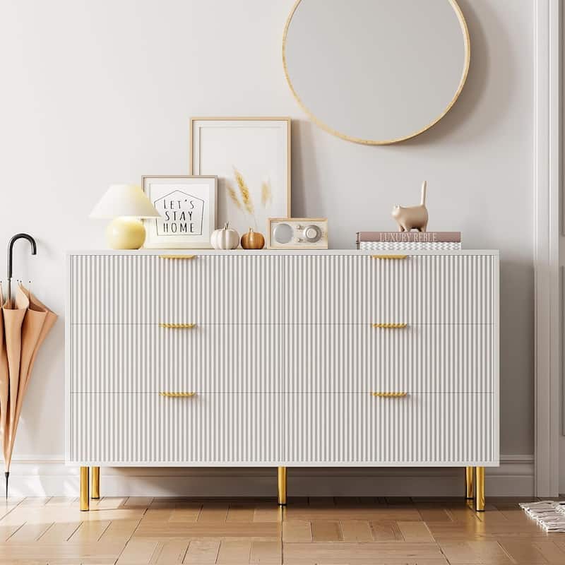 6 Drawer Dresser for Bedroom with Gold Handles, Modern Wooden Chest of Drawers
