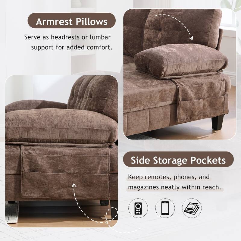 U-Shaped Modular Sectional Sofa with Dual Chaise Lounges, Chenille Fabric Cloud Couch with Storage Pockets & Armrest Pillows