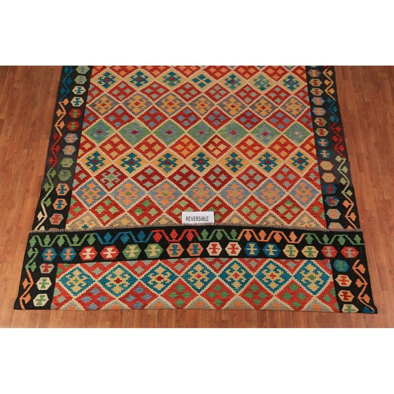 Geometric Trellis Kilim Reversible Area Rug Hand-Woven Wool Carpet - 8'4"x 11'4"
