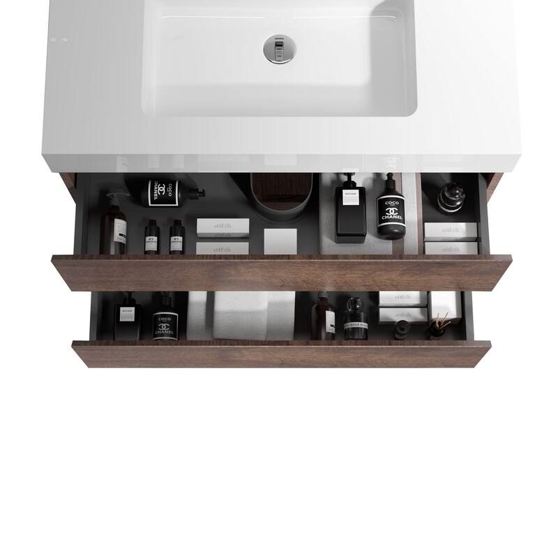 GDFStudio - Naomi Modern Floating Bathroom Vanity with Pre-Assembled Soft-Close Drawers and Durable One-Piece Basin