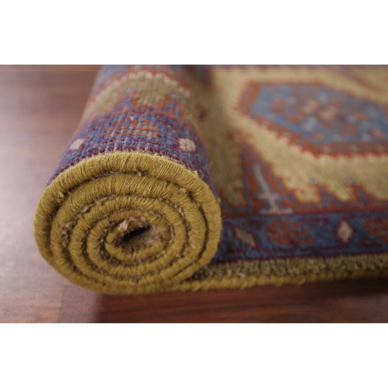 Geometric Green Viss Oriental Runner Rug Handmade Wool Carpet - 2'6"x 9'8"