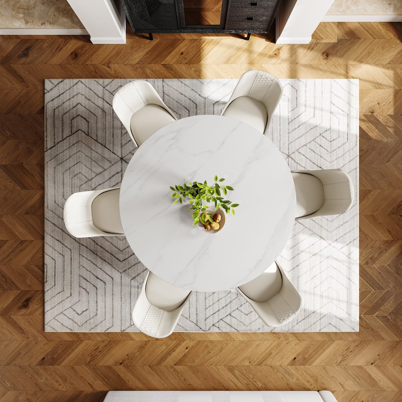Modern Round White Dining Table, Matte Sintered Stone Tabletop, Solid Black Carbon Steel Base