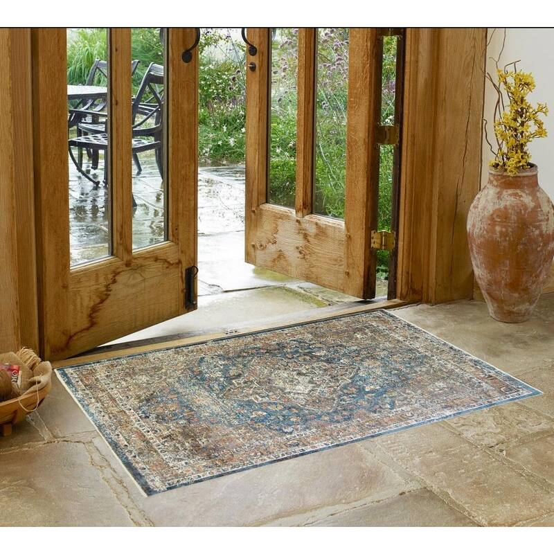 Distressed Stain Resistant with Fringe Area Rug - 2' x 3' - Blue