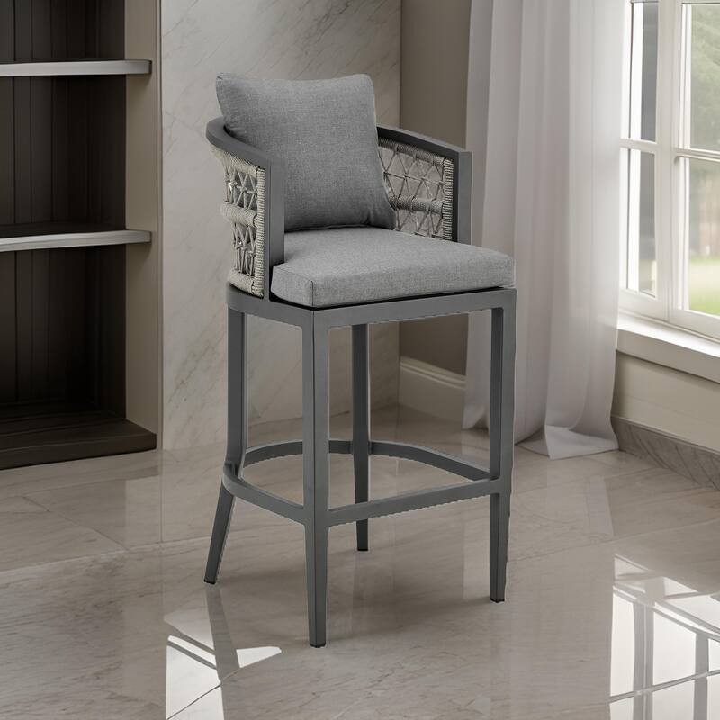 Hosa 30 Inch Outdoor Patio Barstool Chair, Gray Aluminum, Woven Rope